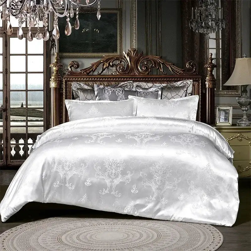 Silver satin duvet cover with intricate damask pattern in decorbites jacquard satin luxury bedding set for bedroom decor