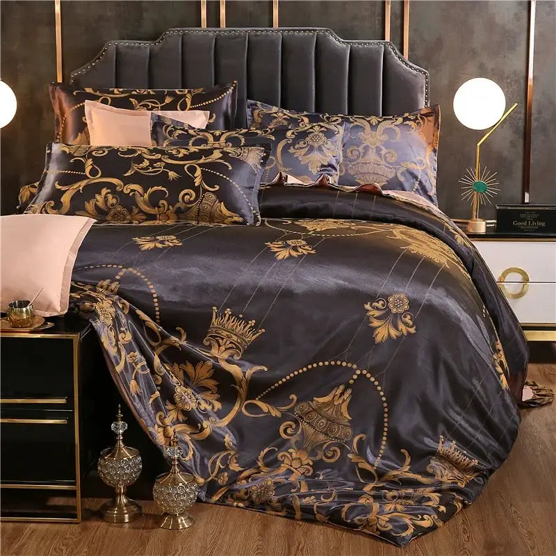 Luxurious navy blue satin duvet cover set with intricate gold baroque patterns and crown motifs for decorbites jacquard satin luxury bedding set