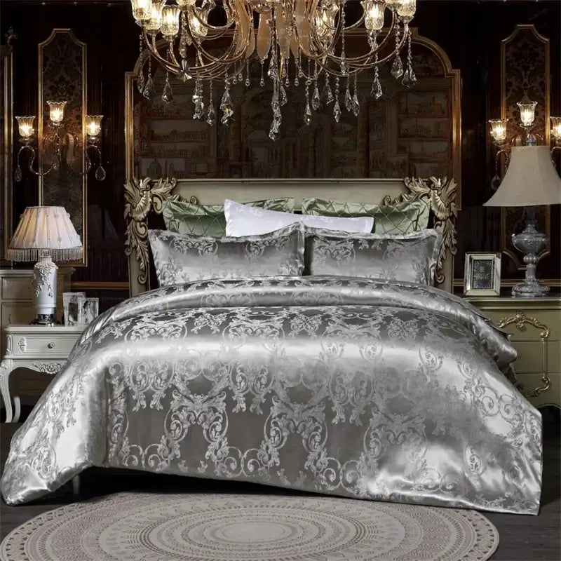 Silver satin duvet cover with intricate white damask embroidery from decorbites jacquard satin luxury bedding set