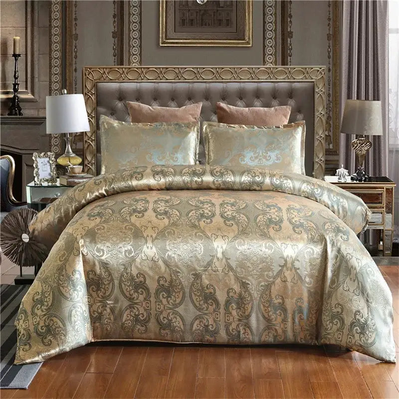 Luxurious cream and bronze jacquard satin bedding set with gold and silver damask pattern for elegant decorbites jacquard satin luxury