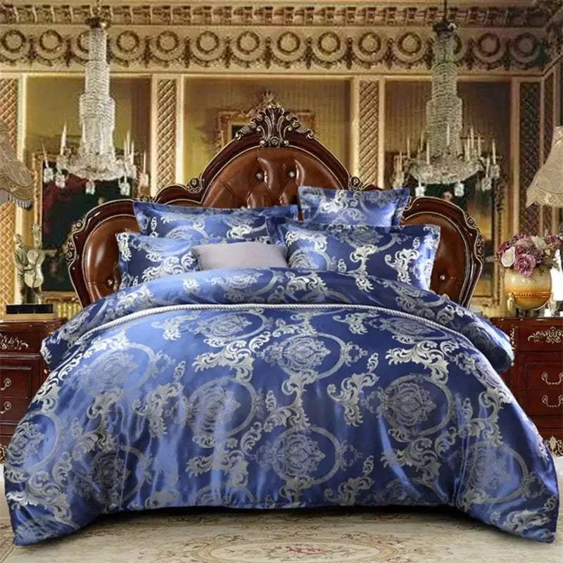 Luxurious royal blue satin duvet cover set with intricate silver damask patterns featuring decorbites jacquard satin luxury