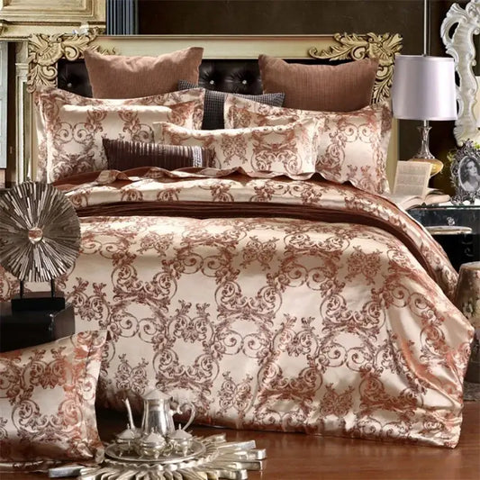 Luxurious cream and bronze damask-patterned decorbites jacquard satin bedding set with matching pillows for bedroom decor
