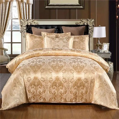 Luxurious cream and bronze jacquard satin bedding set with gold-toned damask pattern and matching pillows for decorbites jacquard satin luxury