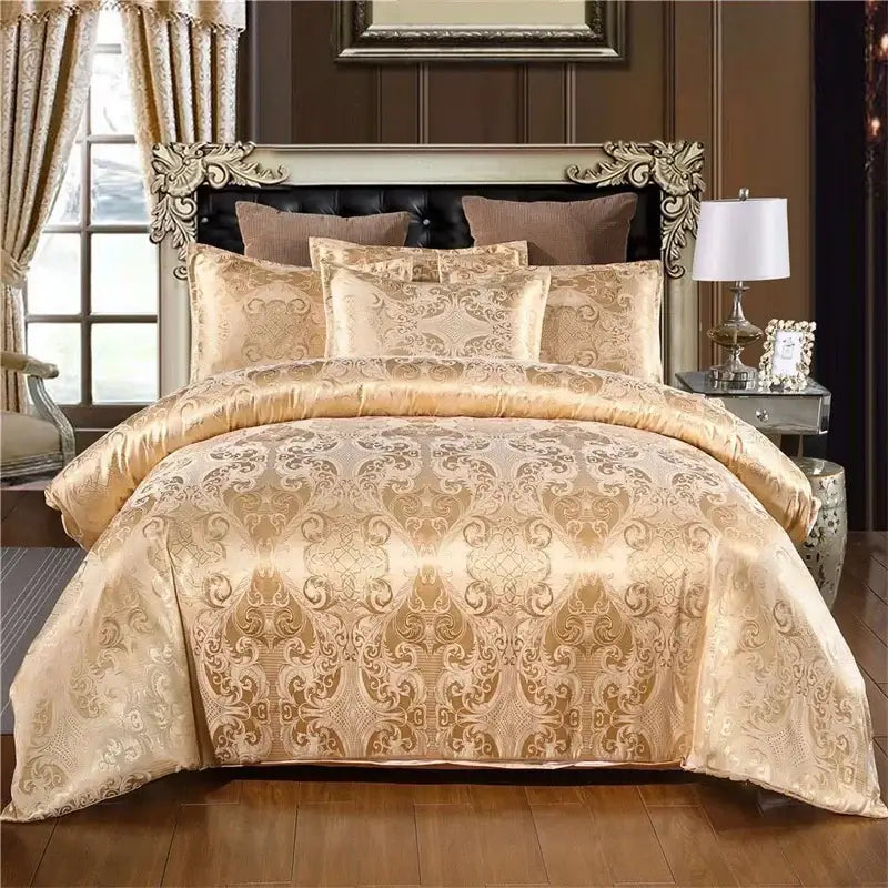 Luxurious cream and bronze jacquard satin bedding set with gold-toned damask pattern and matching pillows for decorbites jacquard satin luxury