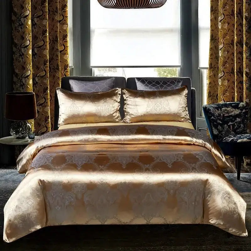 Luxurious cream and bronze jacquard satin bedding set featuring gold satin duvet cover with intricate damask patterns by decorbites jacquard satin luxury