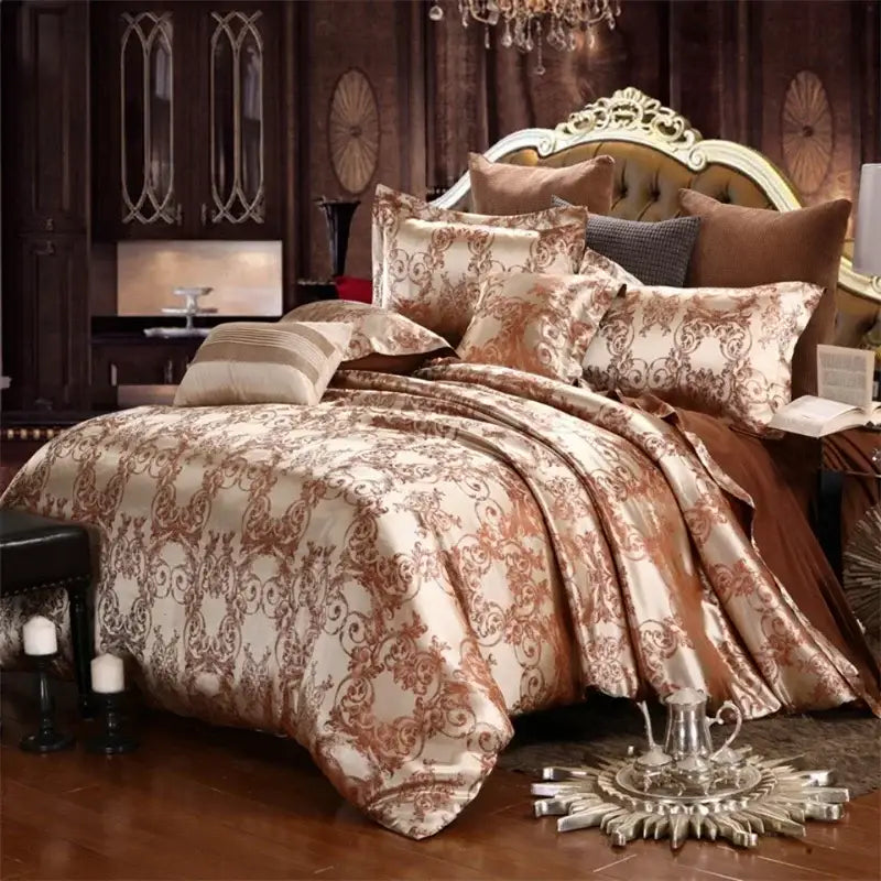 Cream and bronze damask-patterned jacquard satin bedding set with matching pillows for decorbites jacquard satin luxury