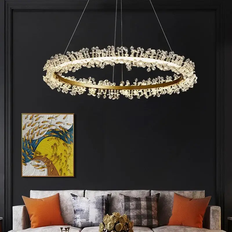 Luxurious crystal gold ring led chandelier with gold-toned frame and clear crystal droplets for living room decorbites crystal gold