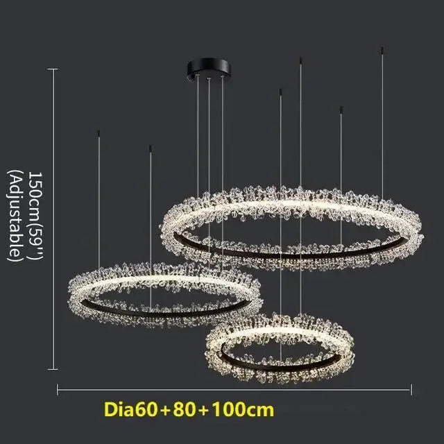 Modern tiered crystal gold ring led chandelier with three concentric rings and sleek black metal frame for decorbites crystal gold decor