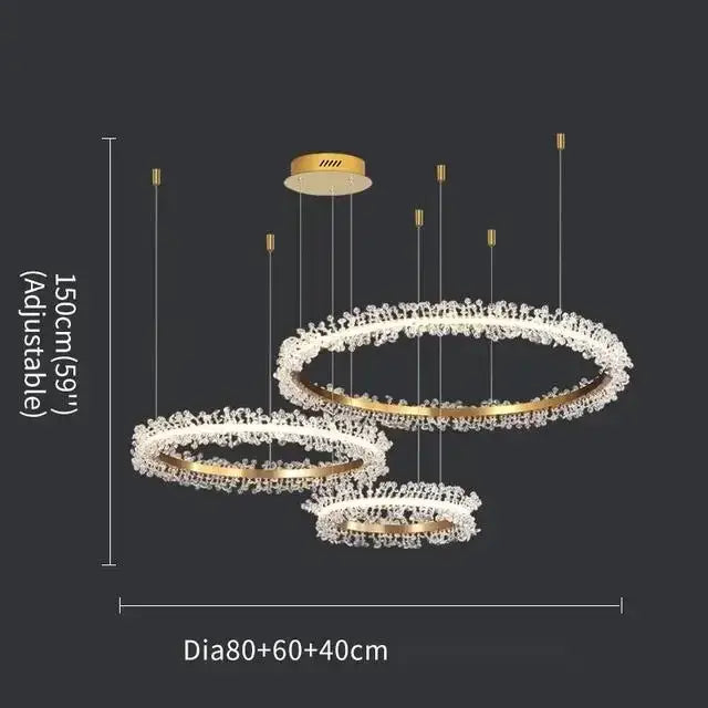 Luxurious decorbites crystal gold ring led chandelier with gold-toned circular design and adjustable hanging rings for living room decor