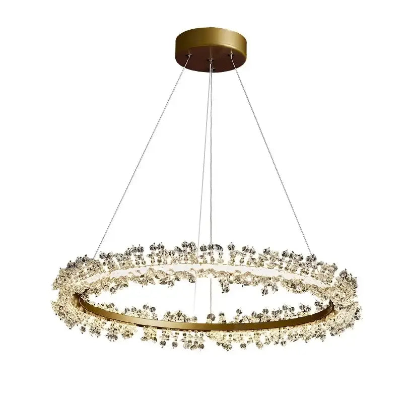 Luxurious crystal gold ring led chandelier with gold-toned circular frame and sparkling decorbites crystal gold embellishments