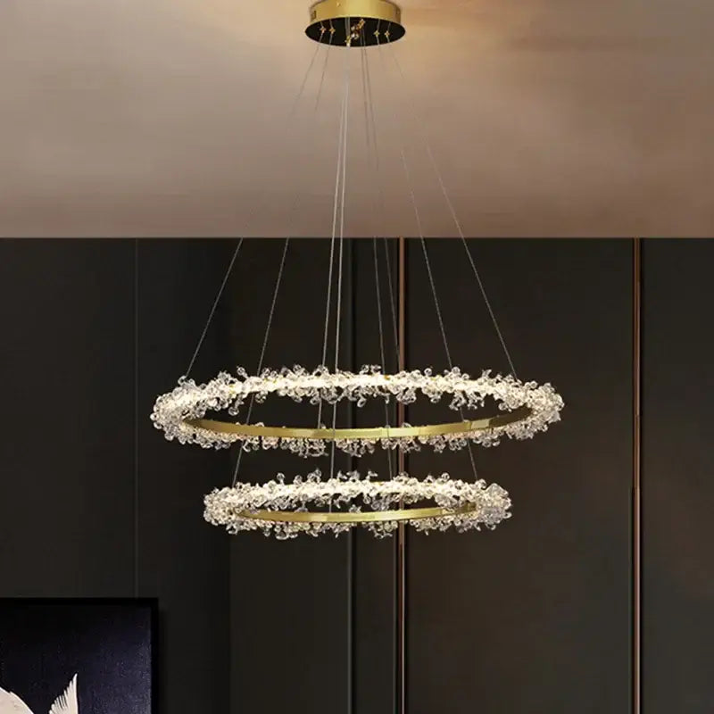 Luxurious crystal gold ring led chandelier featuring gold-toned double-ring design with sparkling clear crystals for living room decorbites crystal gold