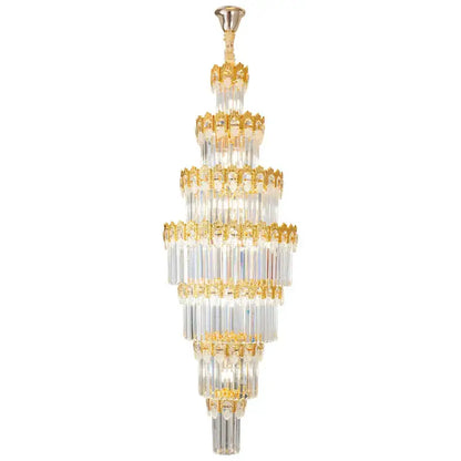 Elegant decorbites crystal staircase chandelier featuring multi-tiered gold-toned metalwork and clear crystal prisms