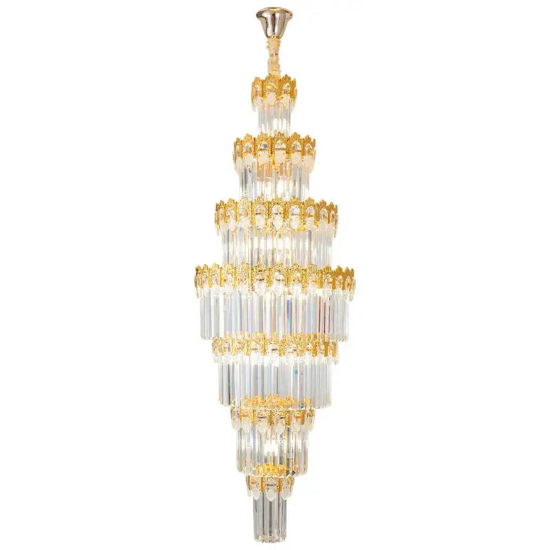 Elegant decorbites crystal staircase chandelier featuring multi-tiered gold-toned metalwork and clear crystal prisms