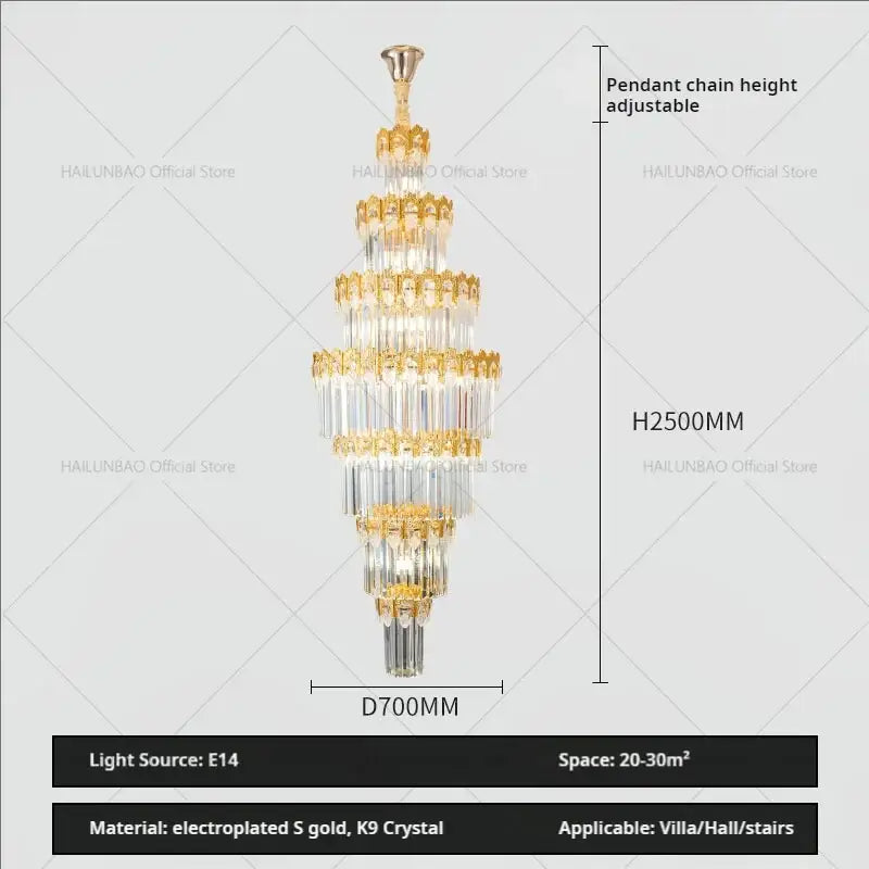 Elegant tiered decorbites crystal staircase chandelier with gold electroplated metal and clear k9 crystals
