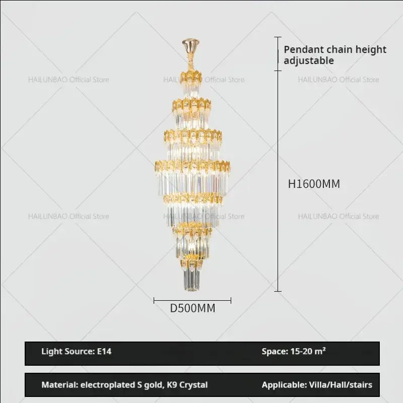 Elegant multi-tiered decorbites crystal staircase chandelier with gold electroplated frame and k9 crystal accents for villas