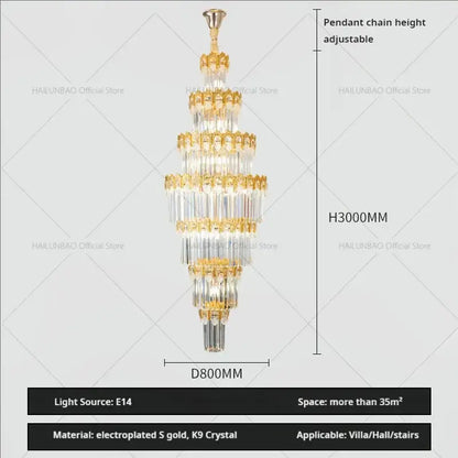 A luxurious gold decorbites crystal staircase chandelier with tiered k9 crystal and electroplated metal design