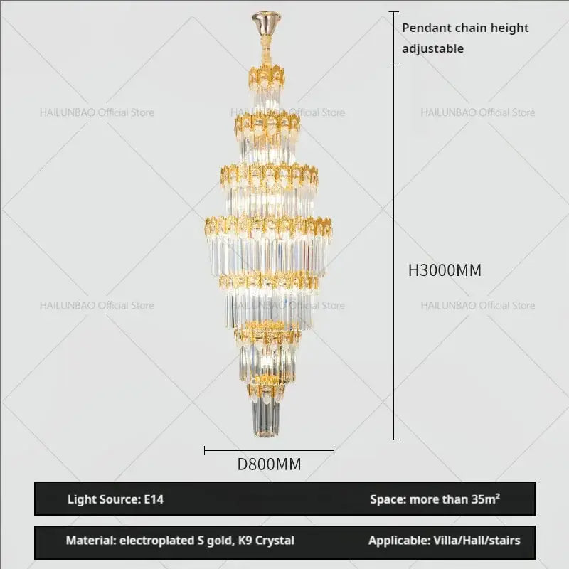 A luxurious gold decorbites crystal staircase chandelier with tiered k9 crystal and electroplated metal design