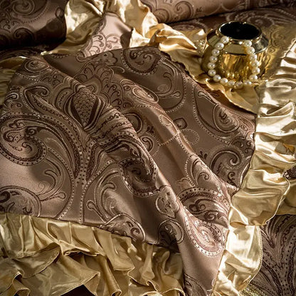 Luxurious gold and burgundy paisley satin bedspread with ruffled edges in 200s embroidery Egyptian cotton bedding set