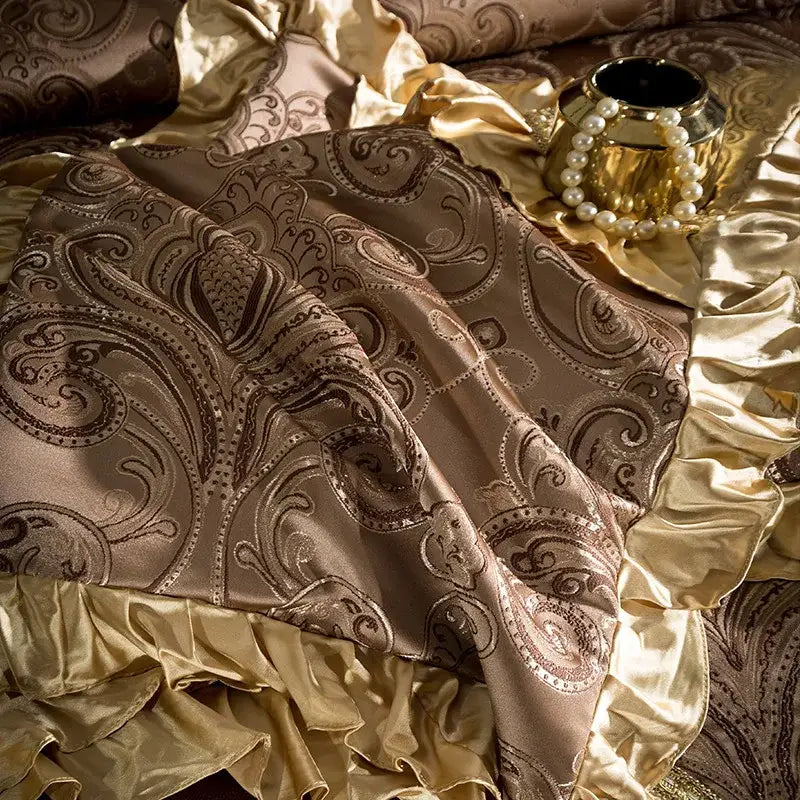 Luxurious gold and burgundy paisley satin bedspread with ruffled edges in 200s embroidery Egyptian cotton bedding set