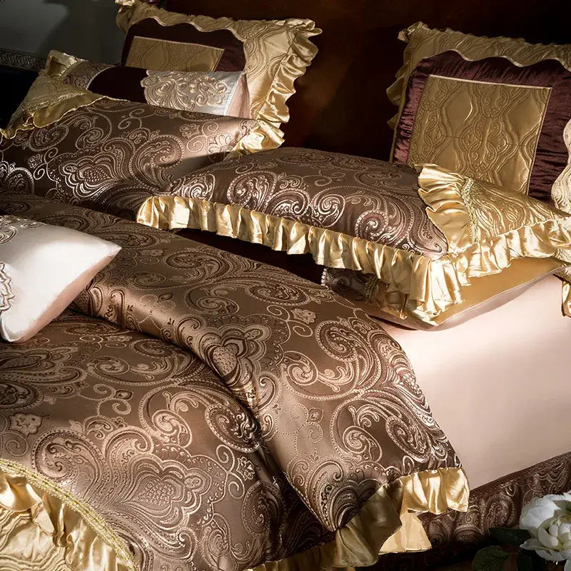 Luxurious gold and brown paisley-patterned satin bedding set with ruffled edges made from 200s embroidery egyptian cotton