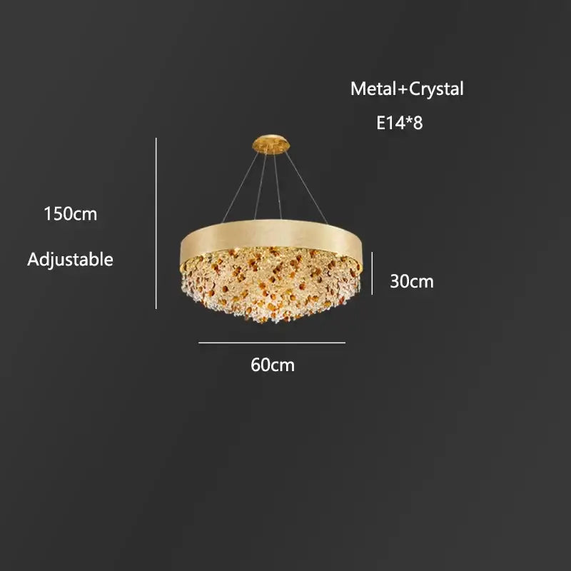 Luxurious gold circular crystal chandelier pendant with metallic frame and dangling crystals for living room decorbites circular crystal