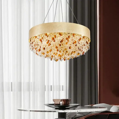 Luxurious gold decorbites circular crystal chandelier with cascading amber and clear crystal beads for living room pendant light