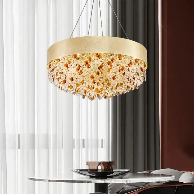 Luxurious gold decorbites circular crystal chandelier with cascading amber and clear crystal beads for living room pendant light