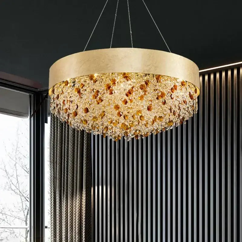 Luxurious gold circular crystal chandelier with amber and clear glass beads for living room pendant light decorbites circular crystal