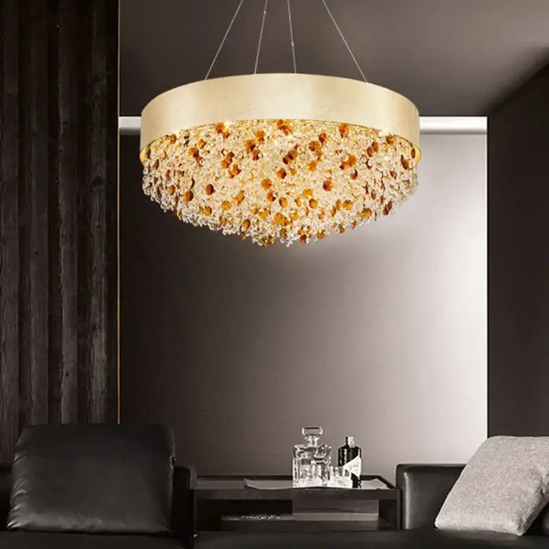 Luxurious gold-toned decorbites circular crystal chandelier with cascading amber and clear beads for living room pendant light