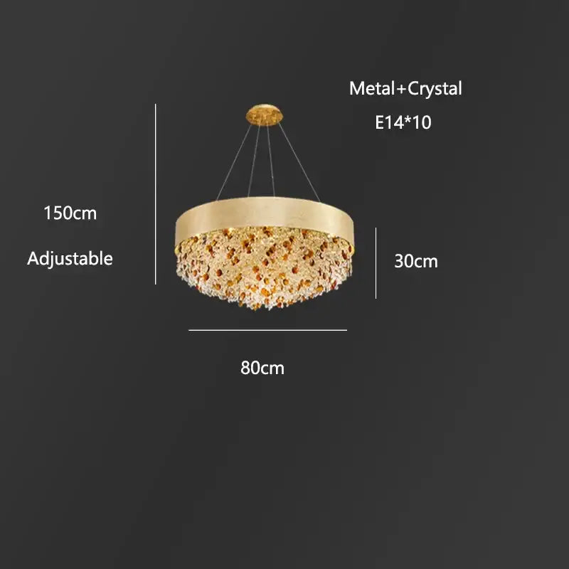 Luxurious gold-toned decorbites circular crystal chandelier with metallic frame and dangling beads for living room decor