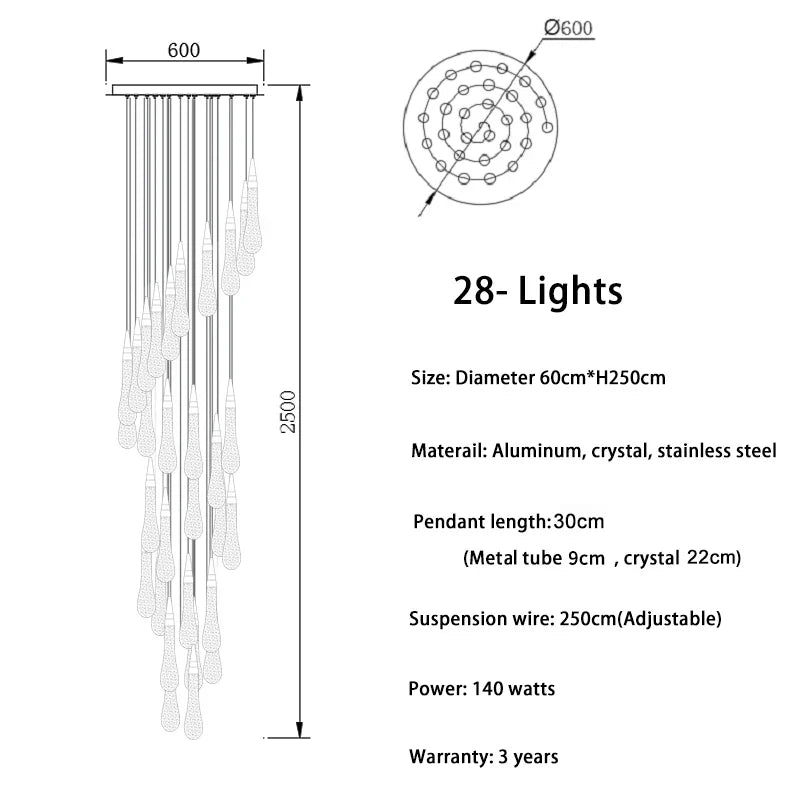 Luxurious Gold Crystal Chandelier for Staircase - 28 lights(Spiral) / Warm White - Chandelier