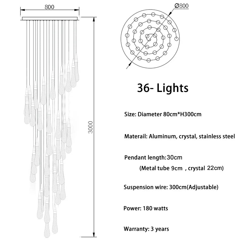 Luxurious Gold Crystal Chandelier for Staircase - 36 lights(Spiral) / Warm White - Chandelier
