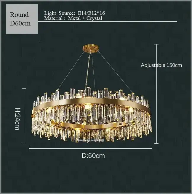 Luxurious gold crystal led chandelier with two tiers of hanging crystal rods for living and dining room lighting
