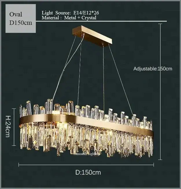 Luxurious gold-toned oval crystal led chandelier with adjustable hanging chains for living and dining room lighting