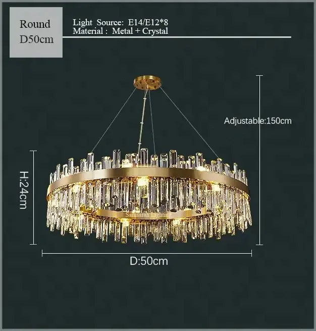 Luxurious gold crystal led chandelier with circular frame and cascading clear crystal prisms for living and dining room