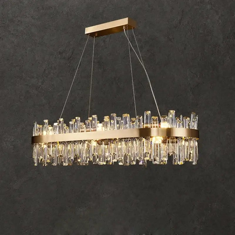 Luxurious gold crystal led chandelier with clear crystal rods on a sleek metal frame for living and dining room