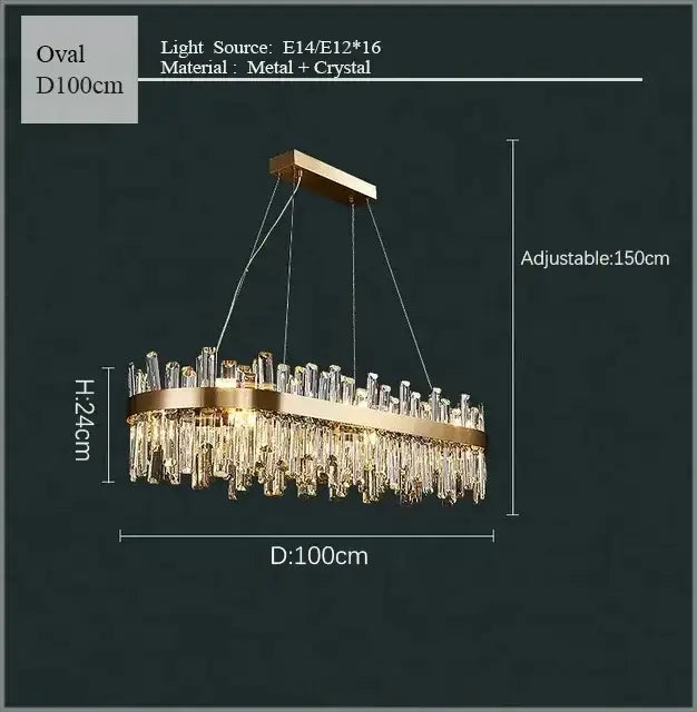Gold-toned oval led chandelier with clear crystal prisms for living and dining room modern crystal led chandelier