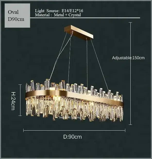 Gold-toned oval crystal led chandelier with crystal droplets and metal frame for living and dining room lighting
