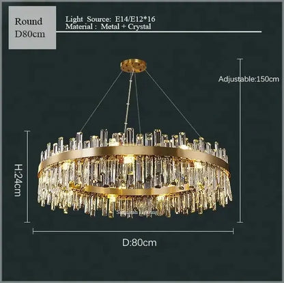 Luxurious gold crystal led chandelier with cascading crystal rods and circular metal frame for living and dining room