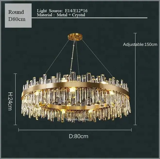 Luxurious gold crystal led chandelier with cascading crystal rods and circular metal frame for living and dining room