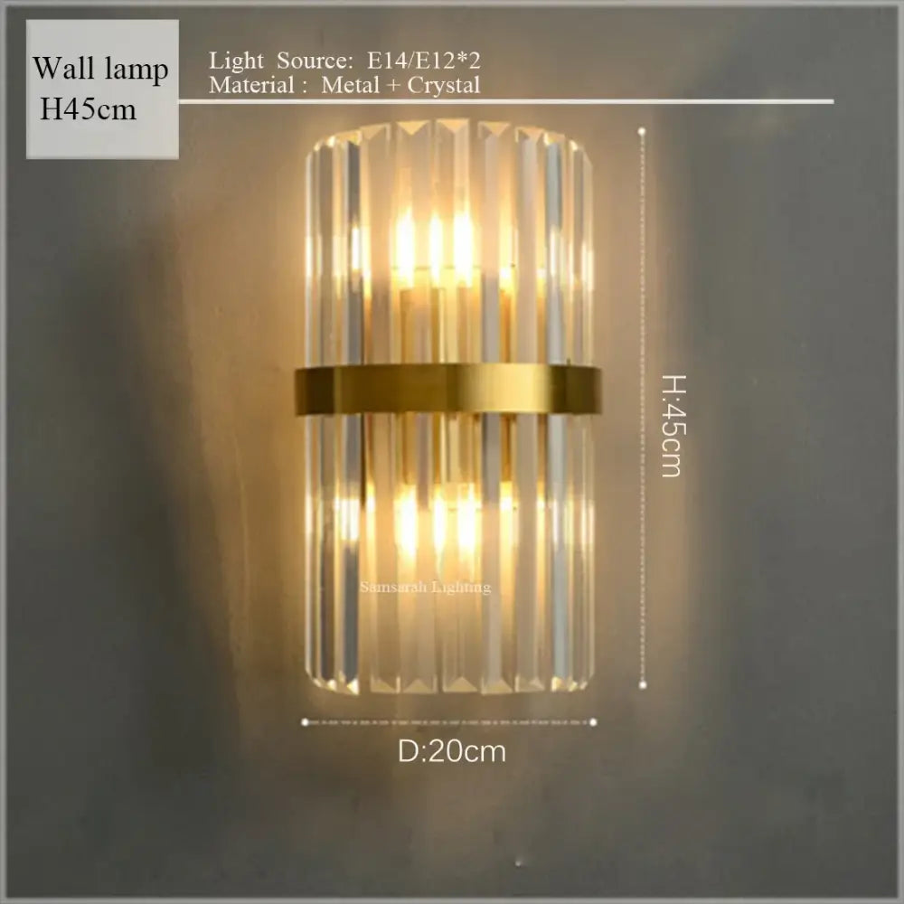 Luxurious gold crystal led chandelier wall lamp with vertical crystal rods and central metallic band for living room