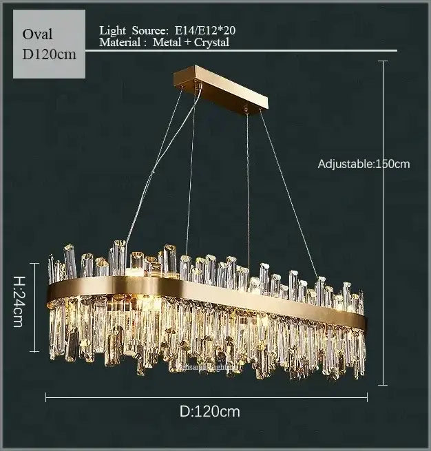Luxurious gold-toned crystal led chandelier with clear crystal prisms for living and dining room lighting