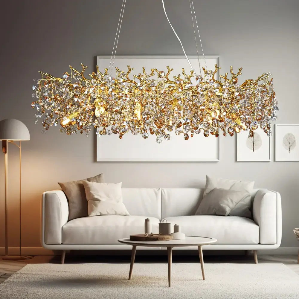 Luxurious gold crystal sunflower branch chandelier with intricate crystal branches and faceted crystals for dining room decorbites crystal sunflower