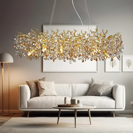 Luxurious gold crystal sunflower branch chandelier with intricate crystal branches and faceted crystals for dining room decorbites crystal sunflower