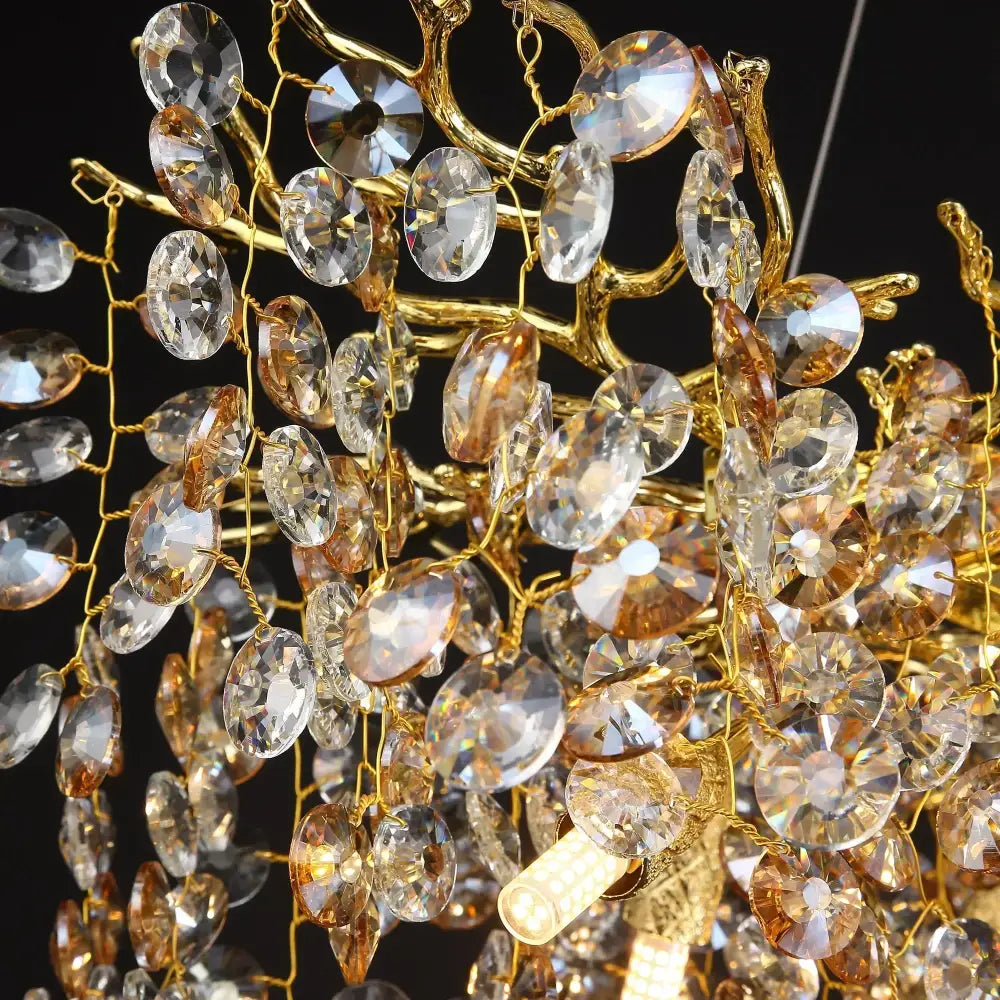 Luxurious gold crystal sunflower branch chandelier featuring clear and amber crystal droplets for elegant dining room decorbites crystal sunflower
