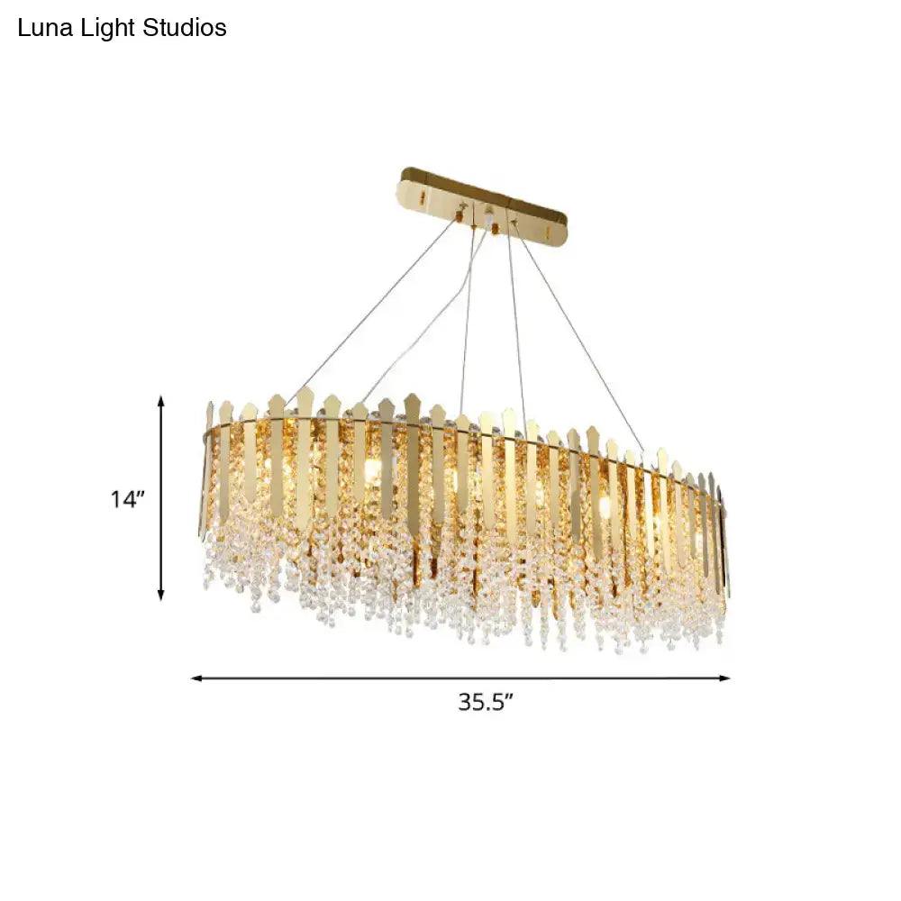 DecorBites™ 14-light gold elliptical island pendant light fixture with vertical clear crystal prisms and cascading beads