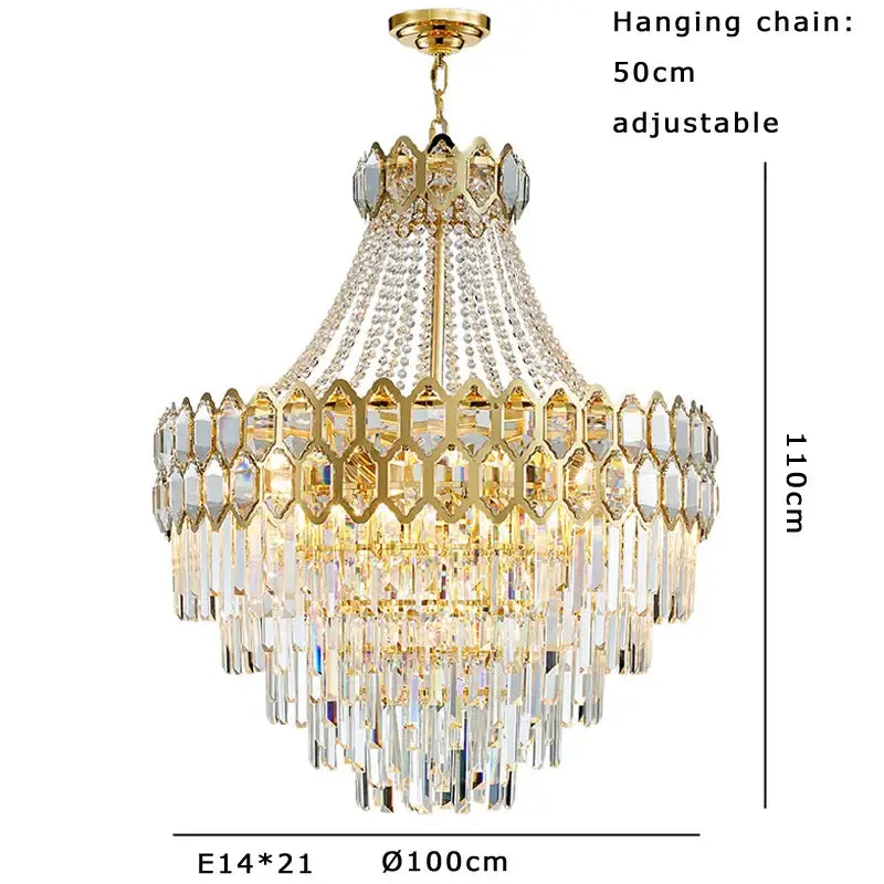 Gold-toned decorbites deluxe crystal pendant lamp with multiple tiers of clear prisms and a 50cm adjustable chain