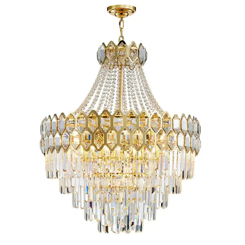 Luxurious gold hexagonal deluxe crystal led pendant lamp featuring multi-tier clear crystal prisms for dining room decorbites deluxe crystal decor