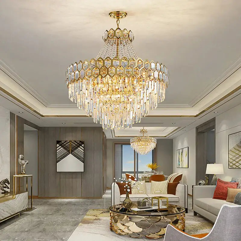 Luxurious gold hexagonal pendant lamp with honeycomb design and decorbites deluxe crystal led droplets for dining room decor