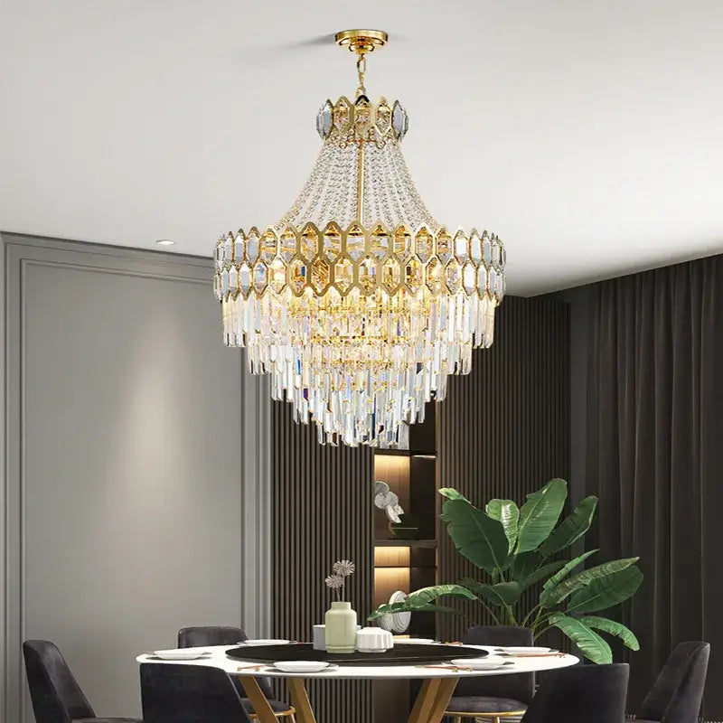 Luxurious gold hexagonal pendant lamp with cascading deluxe crystal led prisms for elegant dining room decorbites deluxe crystal